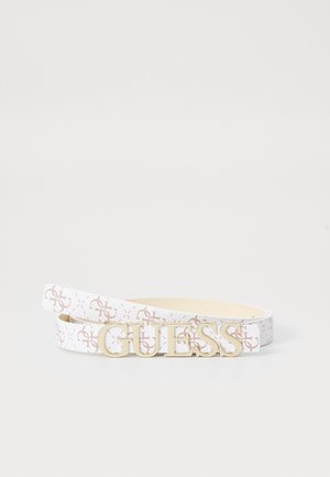 Valge vöö roosa logomustriga, millel on kullast "GUESS" metallsulgur. Valmistatud sünteetilisest materjalist, sile tekstuur ja õhuke disain.