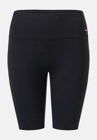 Short de cycliste noir taille haute ajusté avec une large ceinture et des détails de couture minimalistes, présenté sur un fond uni.