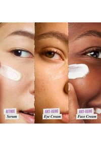 Tre hudplejeprodukter: Retinol Serum, Anti-Aging Øjencreme og Anti-Aging Ansigtscreme. Hver har en unik tekstur, som vises, mens de påføres.