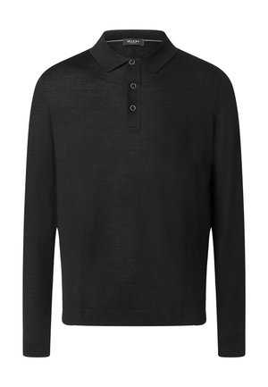 Black long-sleeve polo shirt with three buttons and ribbed cuffs and hem, showing front view on a plain background.