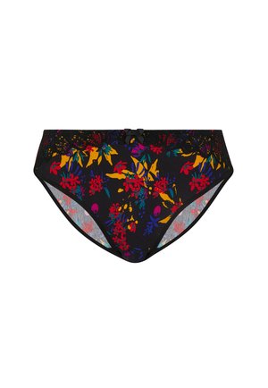 Bas de bikini noir avec un motif floral en rouge, jaune et vert, bordé de dentelle à la taille et orné d'un petit nœud au centre.