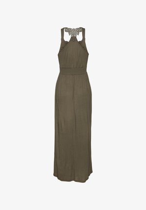 Ärmelloses Maxikleid in Olivgrün mit geraffter Taille und Spitzenverzierung an den Racerback-Trägern, fließender, gerader Rock.