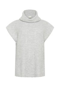 Jasnoszary, oversize sweter dzianinowy z wysokim kołnierzem i krótkimi rękawami. Posiada teksturowany wzór biegnący wzdłuż środka. Wykonany z miękkiego materiału.