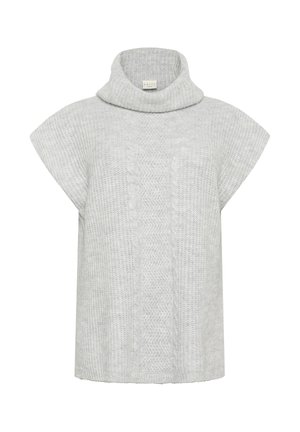 Light gray oversized knit sweater with a high cowl neckline and short sleeves. Features a textured pattern down the center. Soft material.