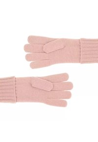Guanti rosa lavorati a maglia con polsini a costine, dotati di fessure per ogni dito e di una piccola linguetta di tessuto sul palmo per facilitarne la vestibilità.