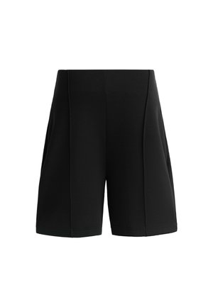 Zwarte op maat gemaakte shorts met een gestructureerd ontwerp, textuurstof en voorplooien voor extra details. Lengte tot halverwege de bovenbenen met een nette afwerking.
