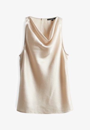 Haut sans manches à col drapé en beige clair, en tissu texturé avec un subtil éclat. Présente une fermeture éclair au dos et une coupe ample.