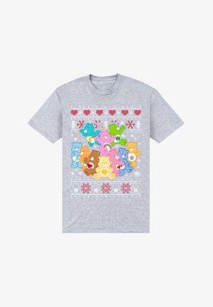 Grijze katoenen t-shirt met een kleurrijke print van cartoonberen in verschillende poses, omringd door harten, sneeuwvlokken en decoratieve patronen.
