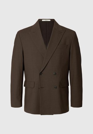 Rjavo dvovrstno suknjič iz teksturirane tkanine, z širokimi reverji, dvema sprednjima žepoma in črnimi gumbi. Minimalistična zasnova.