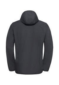 Veste à capuche grise foncée, en matériau lisse et résistant à l'eau. Présente des manches longues et un design simple et sans ornements au dos.