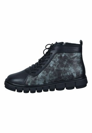 Black leather ankle boots with a textured gray panel, round toe, and thick rubber sole featuring distinctive segmented design and lace closure.