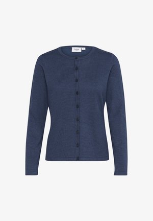 Granatowy kardigan z długimi rękawami, okrągłym dekoltem i zapięciem na guziki. Teksturowany materiał oraz czarne guziki zdobią przednią część.