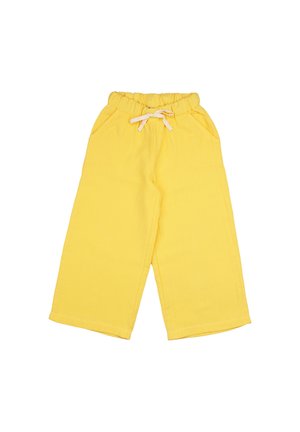 Yellow wide-leg pants with elastic waistband and white drawstring, featuring side pockets and cropped length.