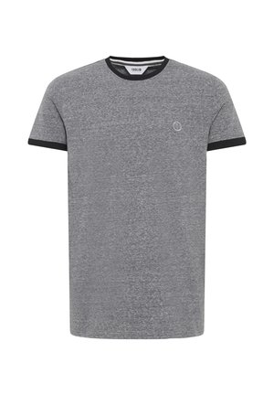 Pelēks kokvilnas T-krekls ar īsām piedurknēm, melna ribota apkakle un piedurkņu akcenti, kā arī neliels logo uz krūtīm.