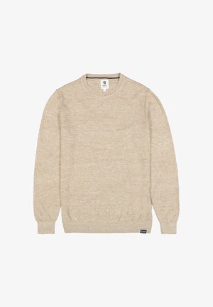 Beiger gestrickter Pullover mit langen Ärmeln, Rippstrick an Rundhalsausschnitt, Bündchen und Saum, mit einem kleinen Markenlabel unten links.