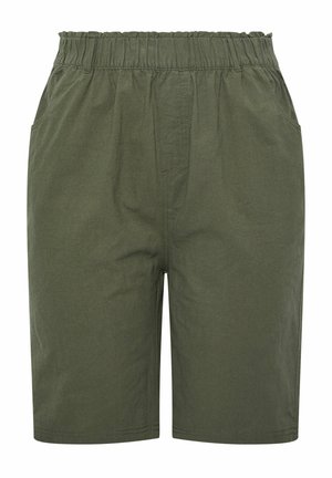 Olivenfarvede knælange shorts med elastisk taljebånd og sidelommer, lavet af letvægtsstof.