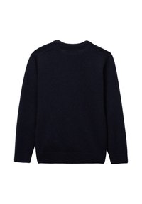 Sweater bleu marine, en matériau doux, avec un col rond, des manches longues et des poignets et un ourlet côtelés, affichant une texture lisse et unie.