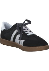 Schwarze Wildledersneaker und weiße synthetische Leder mit grauen Schnürsenkeln, gepolstertem Kragen, flacher gummierter Sohle und seitlichem Streifendetail.