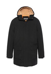 Parka noire avec capuche, doublure en polaire beige, poches avant avec boutons et fermeture éclair avec un accent orange à l'intérieur.