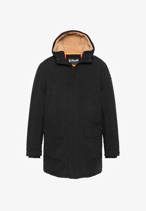 Chaqueta parka negra con capucha, con forro de forro polar color beige, bolsillos delanteros con botones y cierre de cremallera con un detalle naranja en el interior.