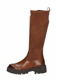 Botas marrones hasta la rodilla, de cuero y ante, con un tubo de tejido texturizado, puntera lisa y suela gruesa de goma.