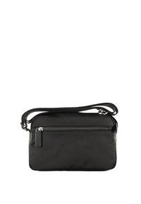 Borsa a tracolla nera realizzata in nylon resistente con una texture liscia. Dotata di una tasca con zip anteriore e cinturino regolabile. Design rettangolare compatto.