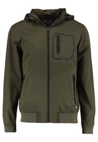Olivově zelená bunda s kapucí, s předním zipem, se zipovou náprsní kapsou olemovanou černou barvou, s žebrovanými manžetami a spodním lemem.