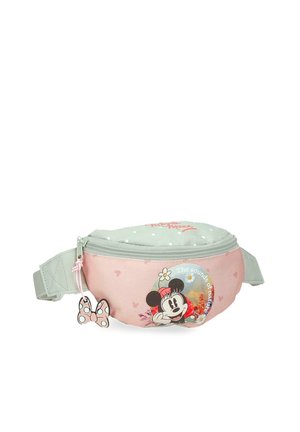 Riñonera infantil rosa y gris con gráfico de Minnie Mouse, detalles florales, lunares y un tirador de cremallera en forma de lazo.