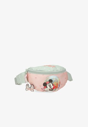 Riñonera infantil rosa y gris con gráfico de Minnie Mouse, detalles florales, lunares y un tirador de cremallera en forma de lazo.
