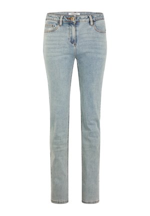 Lichtblauwe spijkerbroek met een slanke pasvorm. Voorzien van vijf zakken, broekriemlussen en een ritssluiting. Licht verweerde textuur over de hele broek.