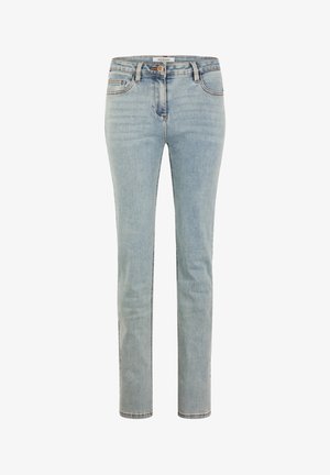 Hellblaue Jeans aus Denim mit schmalem Schnitt. Verfügt über fünf Taschen, Gürtelschlaufen und einen Reißverschluss. Leicht verwaschene Textur überall.