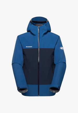 Blue and dark navy Mammut waterproof hooded jacket with front zipper and zippered side pockets.