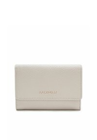 Billetera de cuero gris claro con superficie texturizada, diseño plegable y logo en tono dorado "LAZAROTTI" en la parte frontal. Forma rectangular compacta.