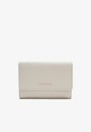 Helles graues Lederportemonnaie mit strukturierten Oberfläche, Klappdesign und goldfarbigem Logo "LAZAROTTI" auf der Vorderseite. Kompakte rechteckige Form.