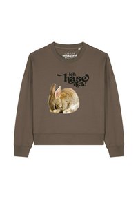 Bruine sweatshirt met een geprinte bruine konijn dat zijn gezicht bedekt, met bovenaan de Duitse tekst "ich hase dich!"