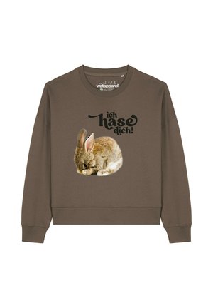 Brauner Sweatshirt mit einem bedruckten braunen Hasen, der sein Gesicht verdeckt, und dem deutschen Text "ich hase dich!" darüber.