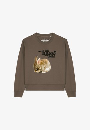 Brown sweatshirt with a printed brown rabbit covering its face and the German text "ich hase dich!" above it.