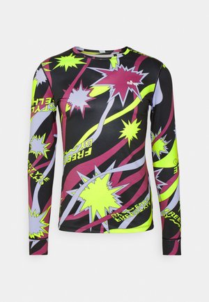 Langärmliges Shirt aus dehnbarem schwarzen Stoff mit lebhaftem Grafikdruck explosiver Sterne in Gelb-, Pink- und Grautönen. Runder Ausschnitt.