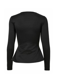 Czarna bluzka z długim rękawem, dopasowanym korpusem, delikatnym zakończeniem peplum i okrągłym dekoltem. Gładka faktura, zaprojektowana z myślą o smukłej sylwetce.