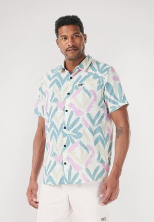 Kurzärmeliges Hemd mit Knopfleiste aus strukturierter Stoffqualität, mit mehrfarbigem Blumenmuster in Blau-, Rosa- und Cremetönen. Vorderseite mit schwarzen Knöpfen verziert.