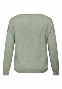 Pull léger vert, à encolure ronde, manches longues et coupe décontractée. Tissage en maille avec des poignets et un ourlet côtelés.