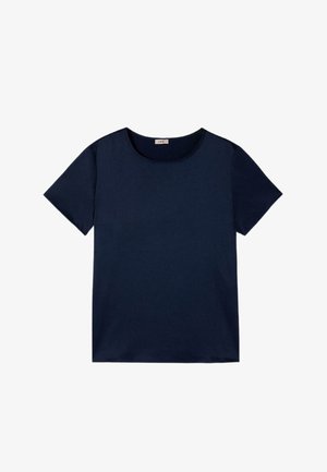 Tricou albastru marin cu mâneci scurte și decolteu rotund, prezentat pe un fundal alb.