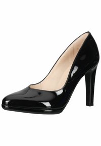 Escarpin à talon haut en cuir verni noir avec bout pointu et doublure intérieure beige.