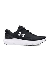 Schwarze Sportschuhe mit Mesh-Obermaterial, weißen Akzenten. Abgerundete Zehenpartie, gepolsterte Sohle, perforierte Seiten für Atmungsaktivität, mit "CHARGED" Branding.