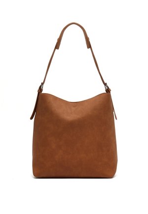 Brown faux leather handbag with a curved top and a single shoulder strap. Smooth texture with subtle grain detail. Versatile design.