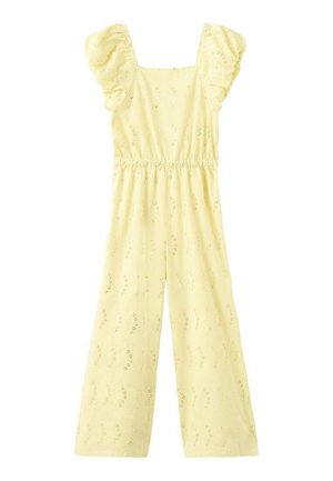 Mono amarillo con mangas abullonadas, escote cuadrado y cintura elástica. Presenta un sutil estampado floral y pantalones anchos.