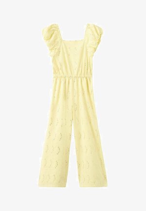 Mono amarillo con mangas abullonadas, escote cuadrado y cintura elástica. Presenta un sutil estampado floral y pantalones anchos.