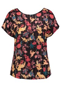 Květinový krátký rukáv top v černé barvě, zdobený červenými a žlutými květinami se zelenými listy, pruhovaným vzorem a volně střiženým stylem. Lehký materiál.
