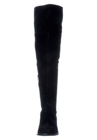 Svart mocka stövlar över knät med en elegant, åtsittande design, platt sula och en sidodragkedja för enkel påtagning. Mjuk textur genom hela stöveln.
