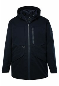 Navy sininen tuulitakki hupulla, jossa on kaksi suurta etutaskua, vetoketjullinen rintatasku ja säädettävät hihansuut. Doupäätalon kangas.